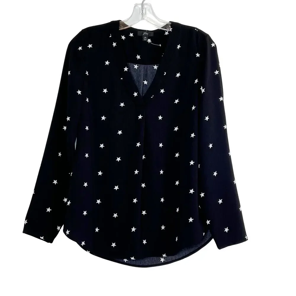 J. Crew Long Sleeve V Neck Star Popover Blouse Black White Womens XS